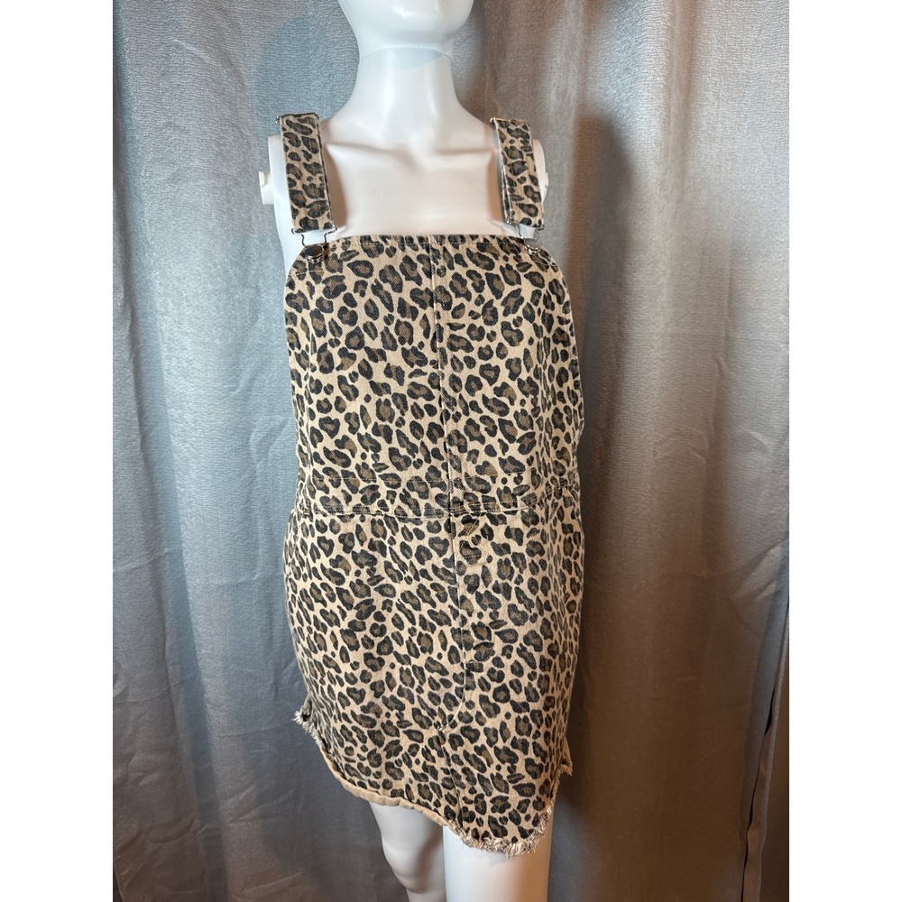 Leopard Print‎ Denim Overall Dress Mini Distressed Frayed Hem Women's